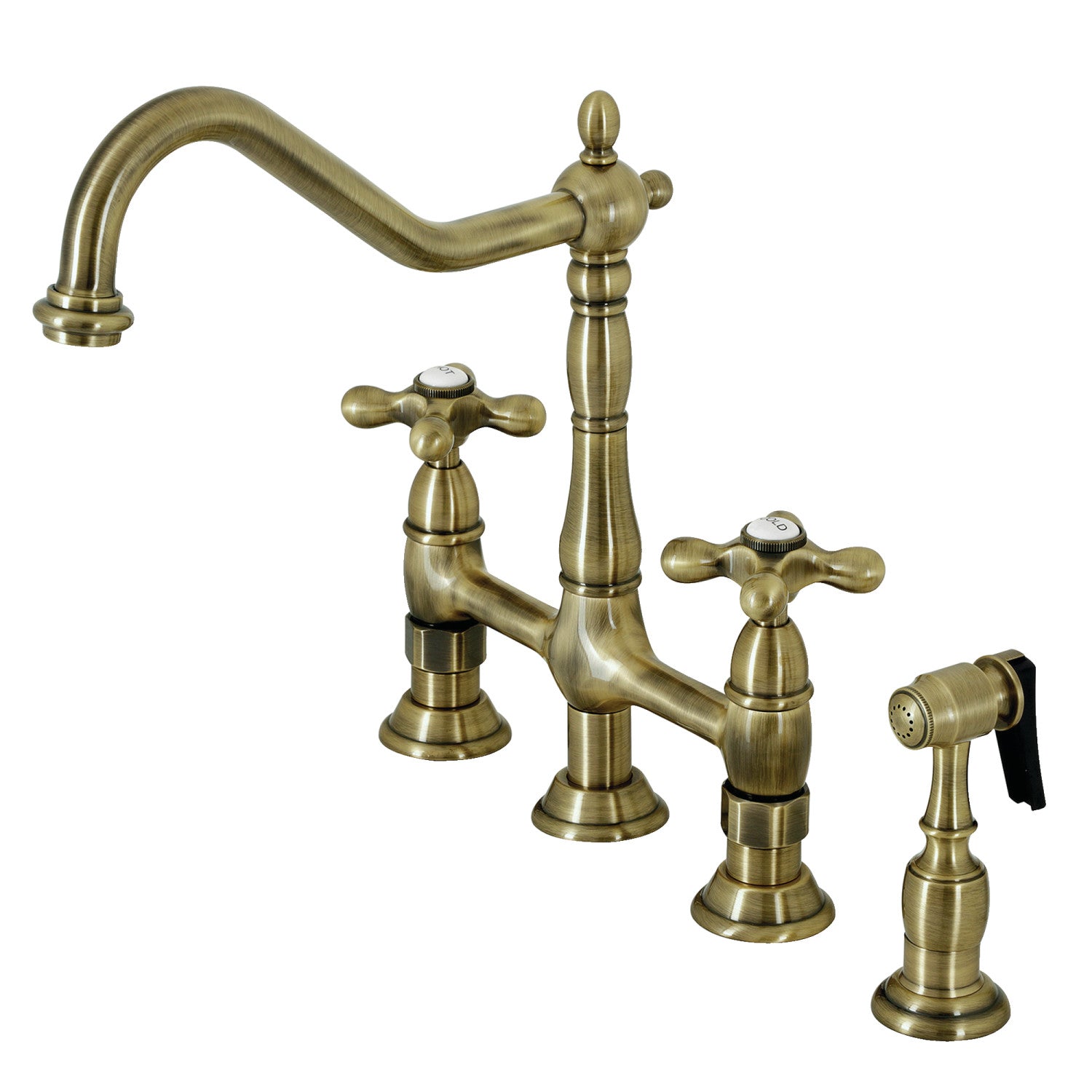 Kingston Heirloom KS1273AXBS - Heritage Two-Handle 4-Hole Deck Mount Bridge Kitchen Faucet with Brass Sprayer, Antique Brass — image 1